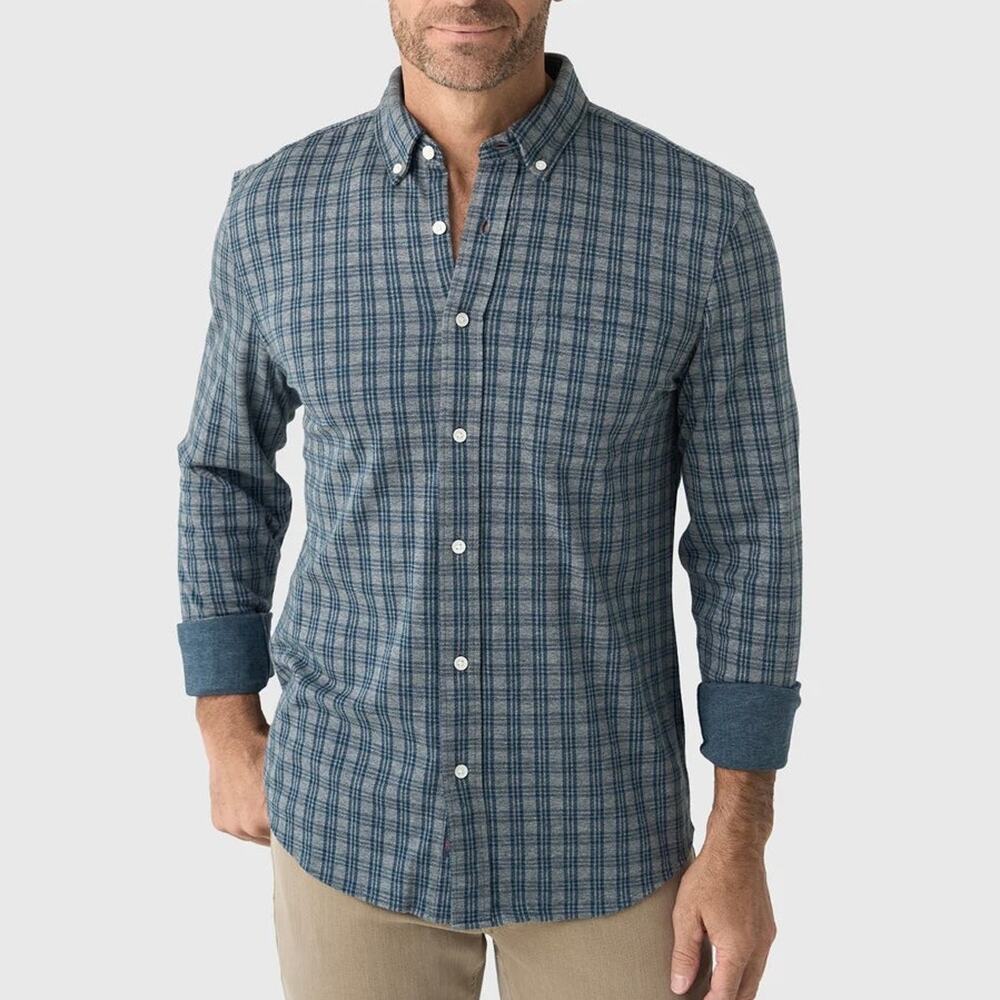 Faherty Coastline Knit Long Sleeve Ocean Grey Navy Check Button Down Shirt XXL